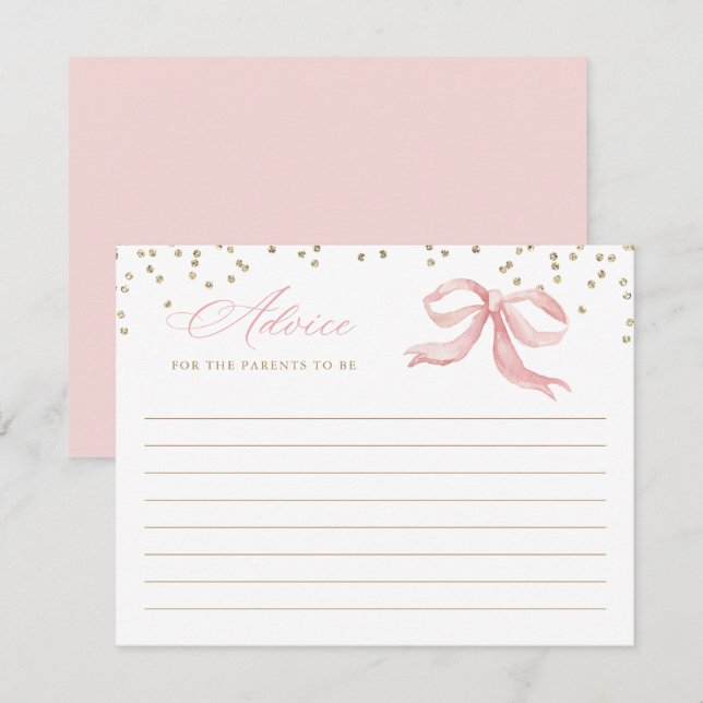 Pink Bow Gold Baby Shower Advice Card (Front/Back)