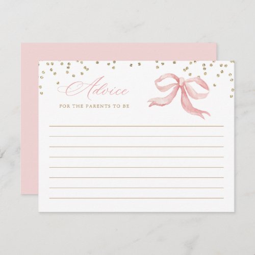 Pink Bow Gold Baby Shower Advice Card