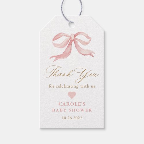 Pink Bow Gold Girl Baby Shower Favor Gift Tags