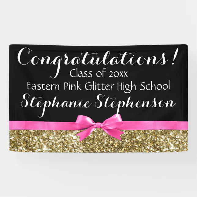 Pink Bow Gold Glitter Girls Graduation Party Banner | Zazzle