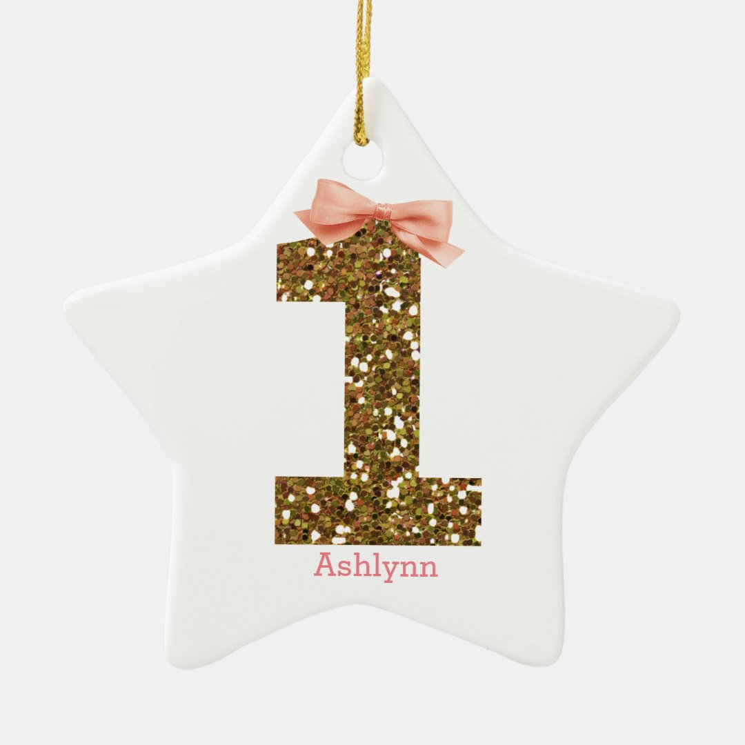 Pink Bow Gold Glitter One 1st Birthday Ceramic Ornament | Zazzle