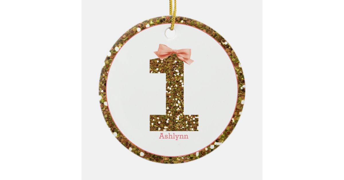 Pink Bow Gold Glitter One 1st Birthday Ceramic Ornament | Zazzle