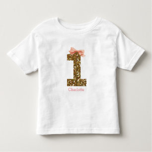 Pink Bow Gold Glitter One 1st Birthday Toddler T-shirt