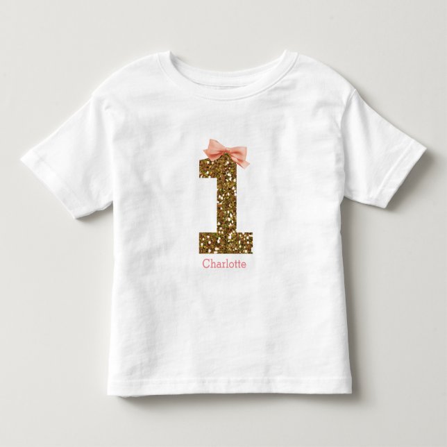 Pink Bow Gold Glitter One 1st Birthday Toddler T-shirt (Front)