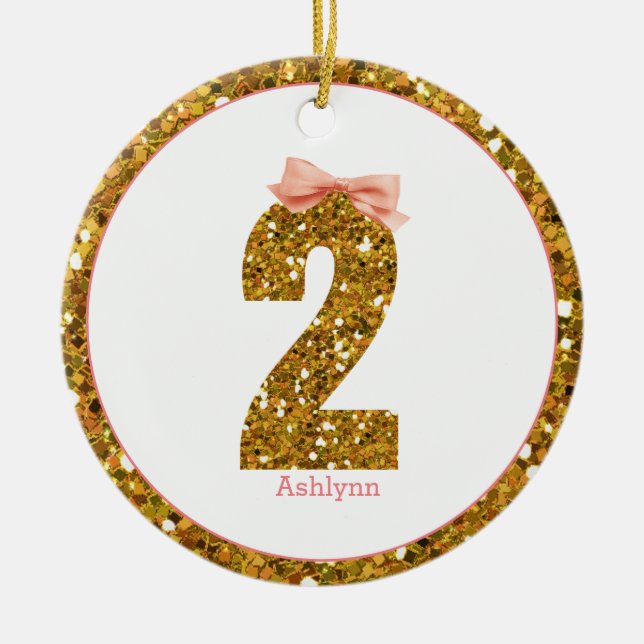 Pink Bow Gold Glitter Two 2nd Birthday Ceramic Ornament (Front)