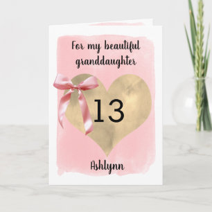 Pink Bow Gold Heart 13th Birthday Granddaughter Card