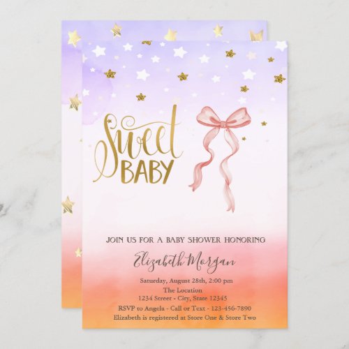 Pink Bow Gold Star Baby Shower Invitation