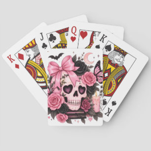 Pink Bow Gothic Skull Coquette Halloween Tote Bag Poker Cards