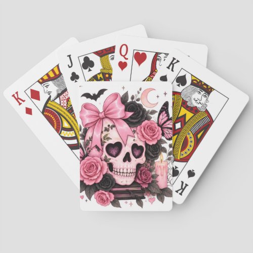 Pink Bow Gothic Skull Coquette Halloween Tote Bag Poker Cards