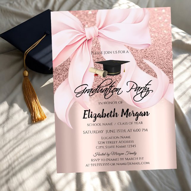 Pink Bow Grad Cap Rose Gold Glitter Graduation Invitation (Creator Uploaded)