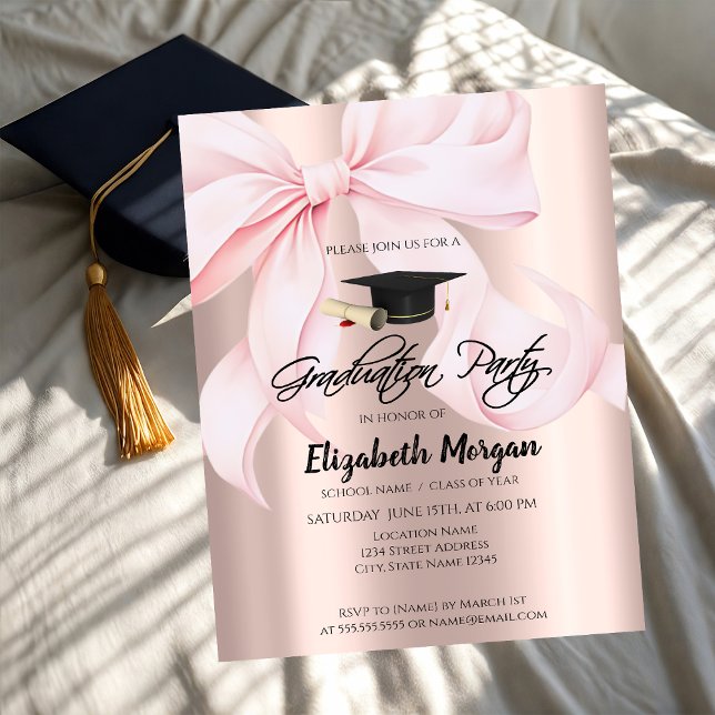 Pink Bow Grad Cap Rose Gold Your Photo Graduation Invitation (Creator Uploaded)