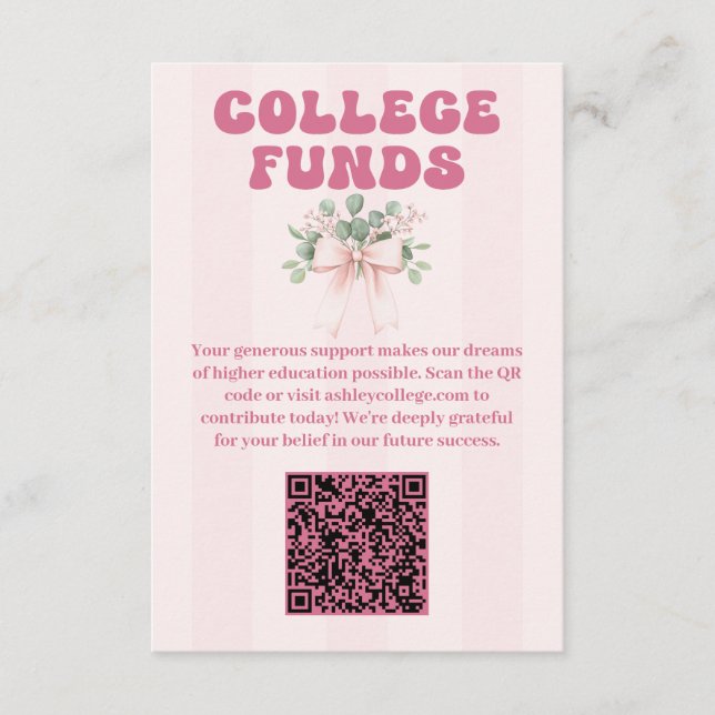 Pink Bow Grad Celebration College Funds Enclosure Card (Front)