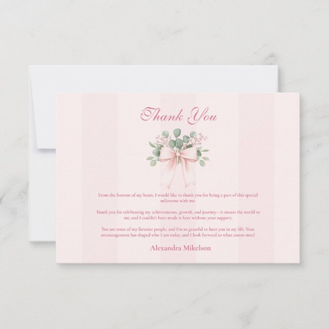 Pink Bow Grad Celebration Thank You Card (Front)