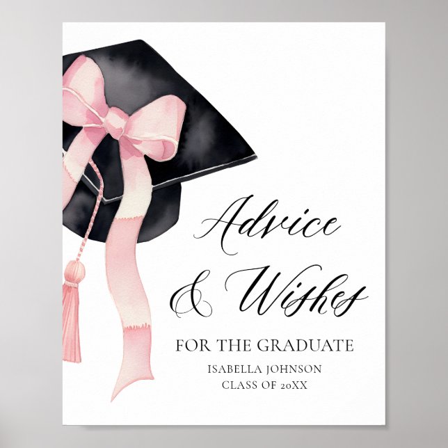 Pink Bow Grad Party Graduate Advice and Wishes Poster (Front)