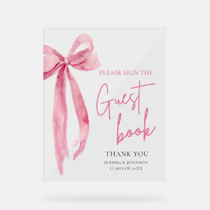 Pink Bow Graduation Party Guest Book Acrylic Sign
