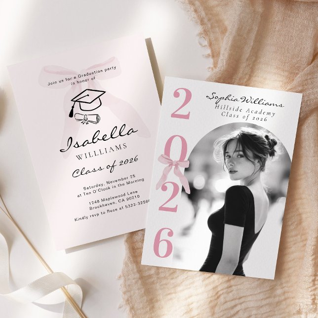 Pink Bow Graduation Photo Black and White Invitation (Creator Uploaded)
