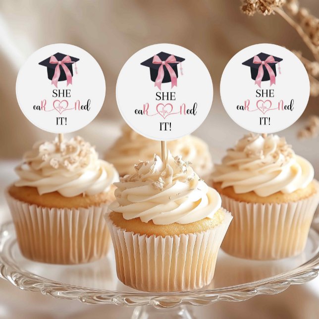 Pink Bow Graduation She Earned It Cupcake Topper Classic Round Sticker (Creator Uploaded)