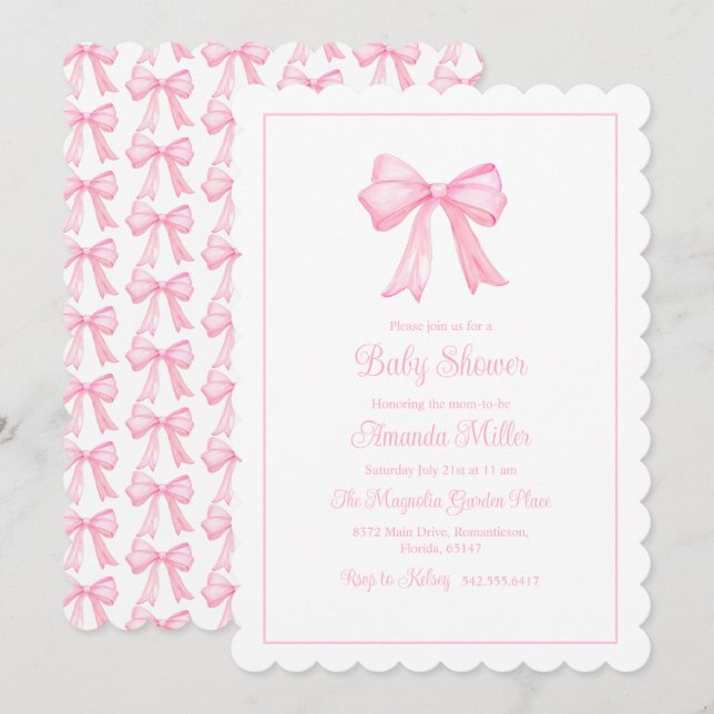 Pink Bow Grandmillennial Preppy Baby Shower Invitation (Front/Back)