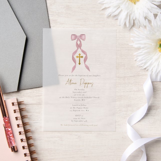 Pink Bow Greek Orthodox Christening Girl Baptism Vellum Invitations (Wedding)