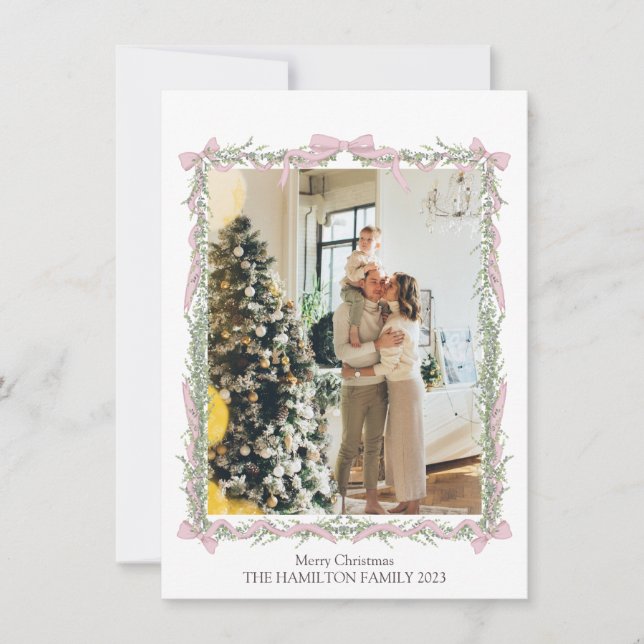 Pink Bow Green Garland Gingham Christmas Photo  Holiday Card (Front)