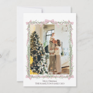 Pink Bow Green Garland Gingham Christmas Photo  Holiday Card