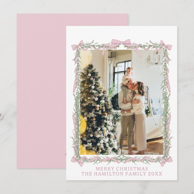 Pink Bow Green Garland Gingham Christmas Photo  Holiday Card (Front/Back)
