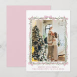 Pink Bow Green Garland Gingham Christmas Photo  Holiday Card