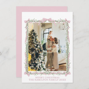 Pink Bow Green Garland Gingham Christmas Photo Holiday Card
