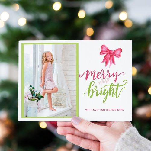 Pink bow green Merry and Bright Christmas photo Holiday Card