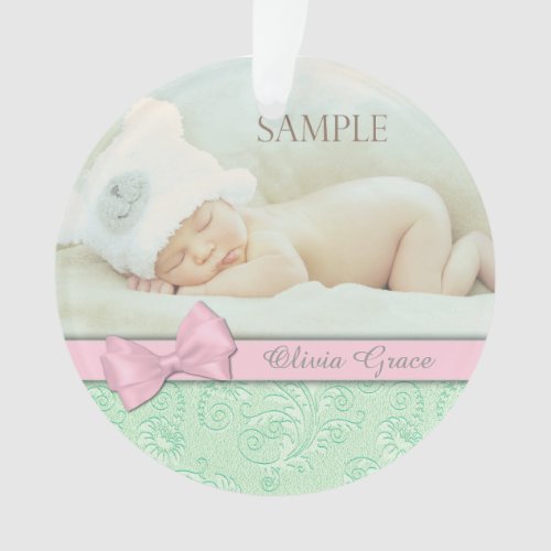 Pink Bow Green Pastel Baby 1st Christmas Photo Ornament