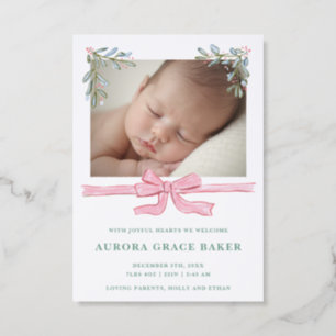 Pink Bow Greenery Christmas Baby Announcement