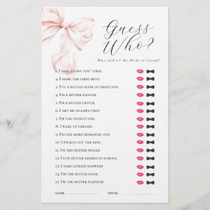 Pink Bow Guess Who Bridal Shower Game Stationery