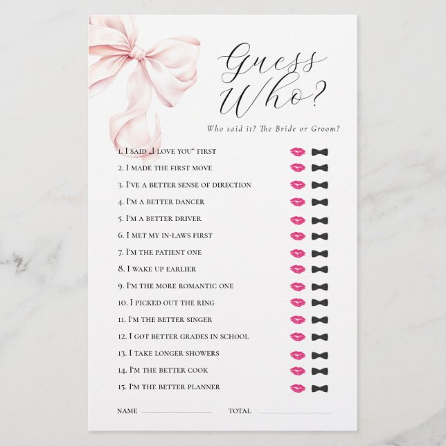 Pink Bow Guess Who Bridal Shower Game Stationery (Front)