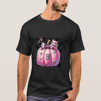 Pink Bow Halloween Pumpkin With Kitten Cat Skulls T-Shirt