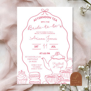 Pink Bow Hand Doodle Afternoon tea bridal shower  Invitation