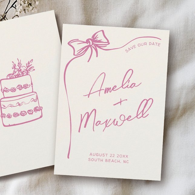 Pink Bow Handdrawn Stylish Trendy Wedding Save The Date (Creator Uploaded)