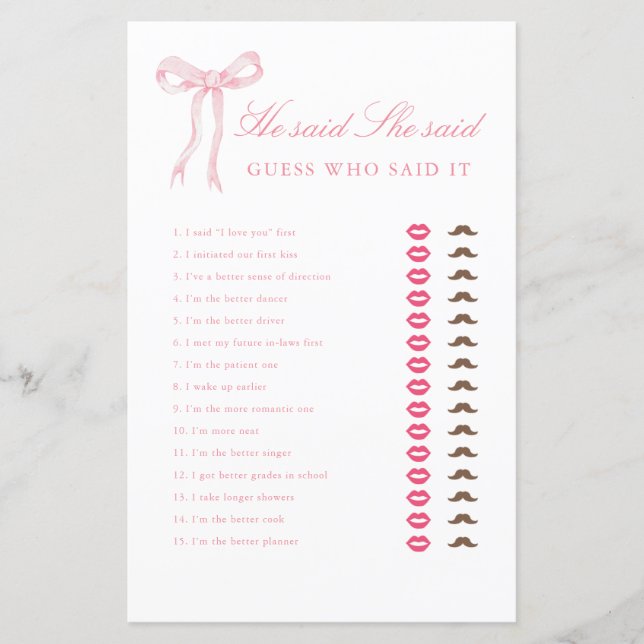 Pink Bow He Said She Said Bridal Shower Game (Front)