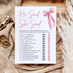 Pink Bow He Said She Said Bridal Shower Game Invitation