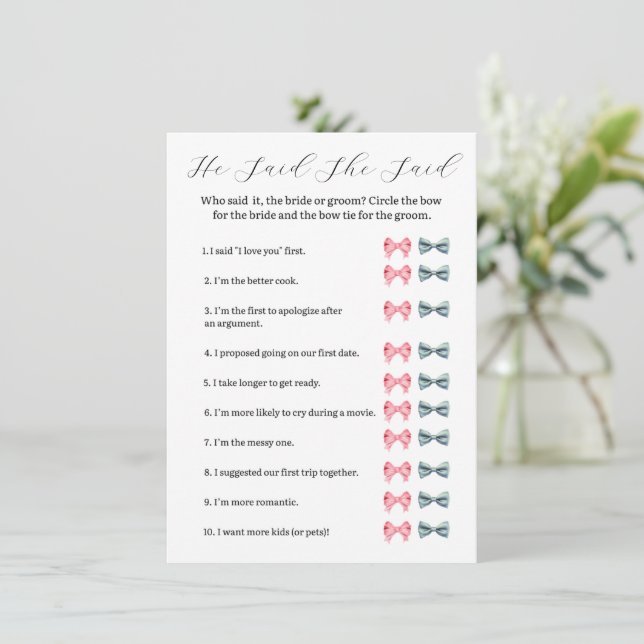 Pink Bow He Said She Said Game – Bridal Shower Invitation (Standing Front)