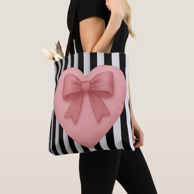 Pink bow heart black&white stripes Tote Bag (Close Up)
