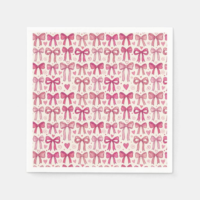 Pink Bow Heart Doodle Row Pattern Napkins (Front)
