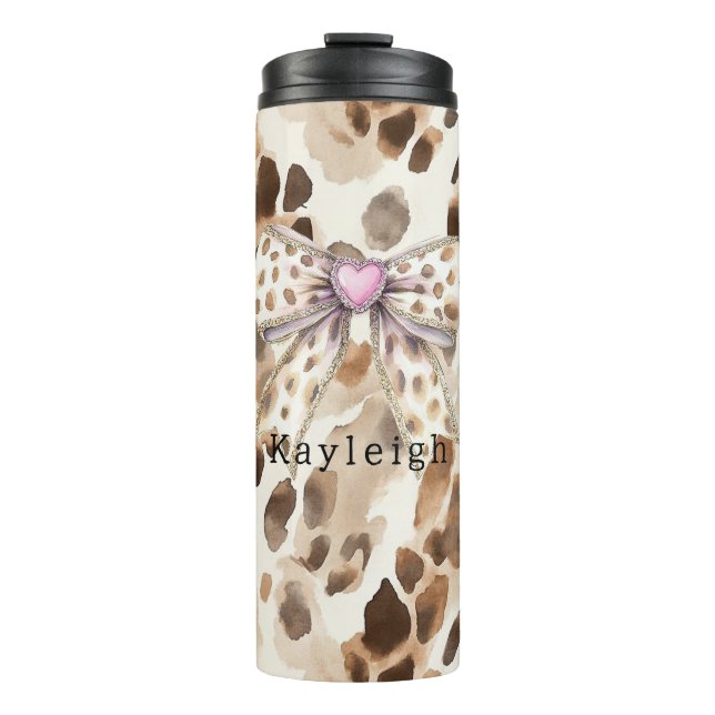 Pink Bow Heart Leopard Thermal Tumbler (Front)