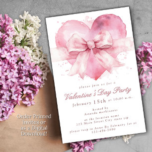Pink Bow Heart Watercolor Valentine's Day Party  Invitation