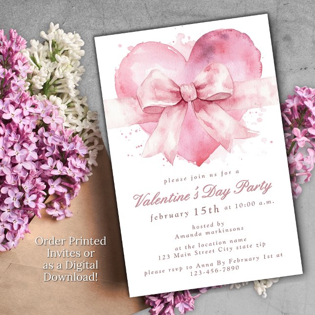 Pink Bow Heart Watercolor Valentine's Day Party  Invitation (Creator Uploaded)