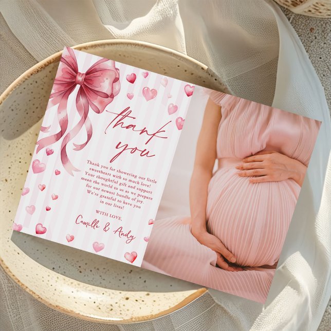 Pink Bow Hearts Valentines Baby Shower Photo Thank You Card (Creator Uploaded)