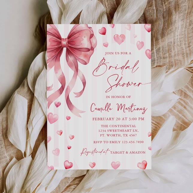 Pink Bow Hearts Valentines Bridal Shower Invitation (Creator Uploaded)