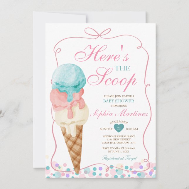 Pink Bow Here's the Scoop Ice Cream Baby Shower Invitation (Front)