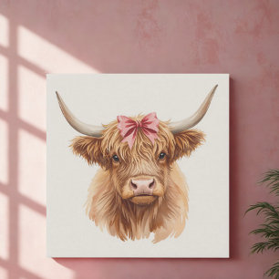 Pink Bow Highland Cow Faux Canvas Print