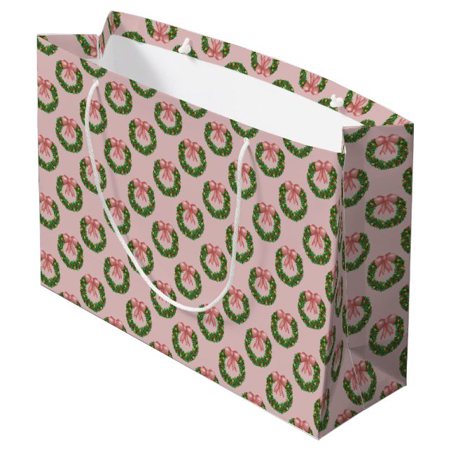 Pink Bow Holiday Wreath Large Gift Bag (Back Angled)