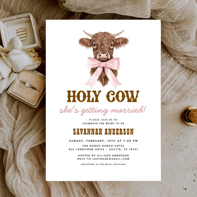 Pink Bow Holy Cow Western Cowgirl Bridal Shower  Invitation (Creator Uploaded)